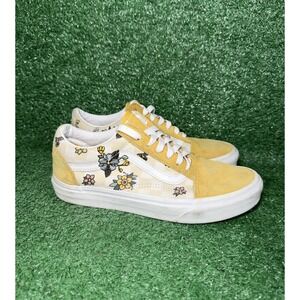 Vans Premium Old Skool Checkerboard Yellow Floral Skate Shoes Womens Size 7.5